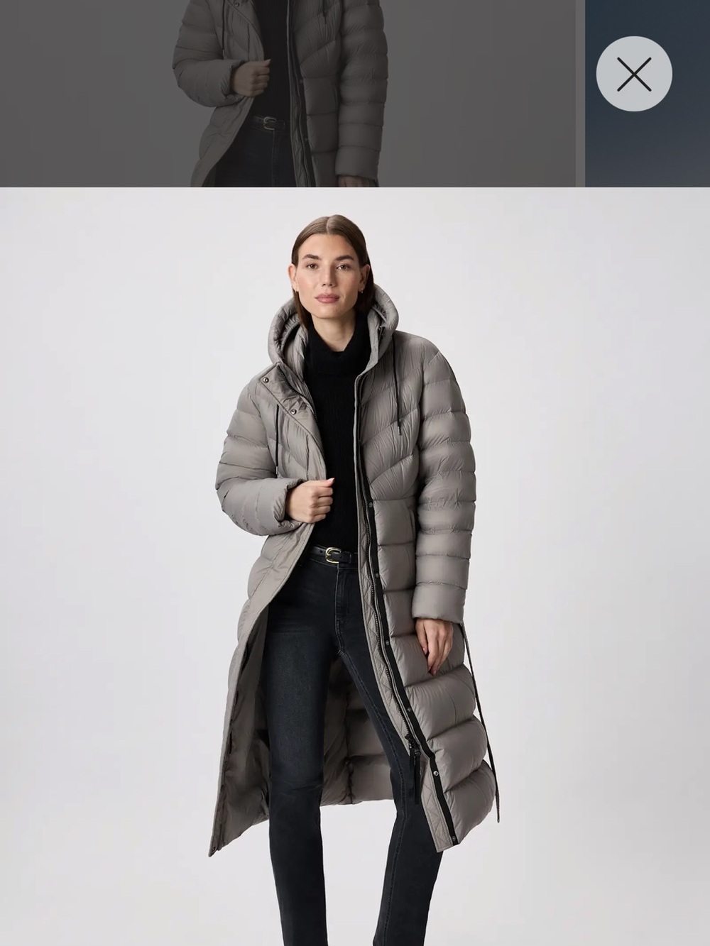 Quince Long Hooded Puffer Coat in Light Gray Taupe
